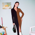 Damen Knopf-Design Maxikleid mit tiefem V-Ausschnitt und Rippstruktur R&B