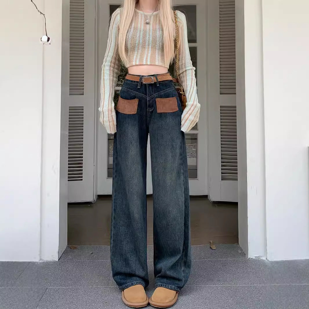 Damen Weite Jeanshose mit modischen Taschen und hohem Bund R&B
