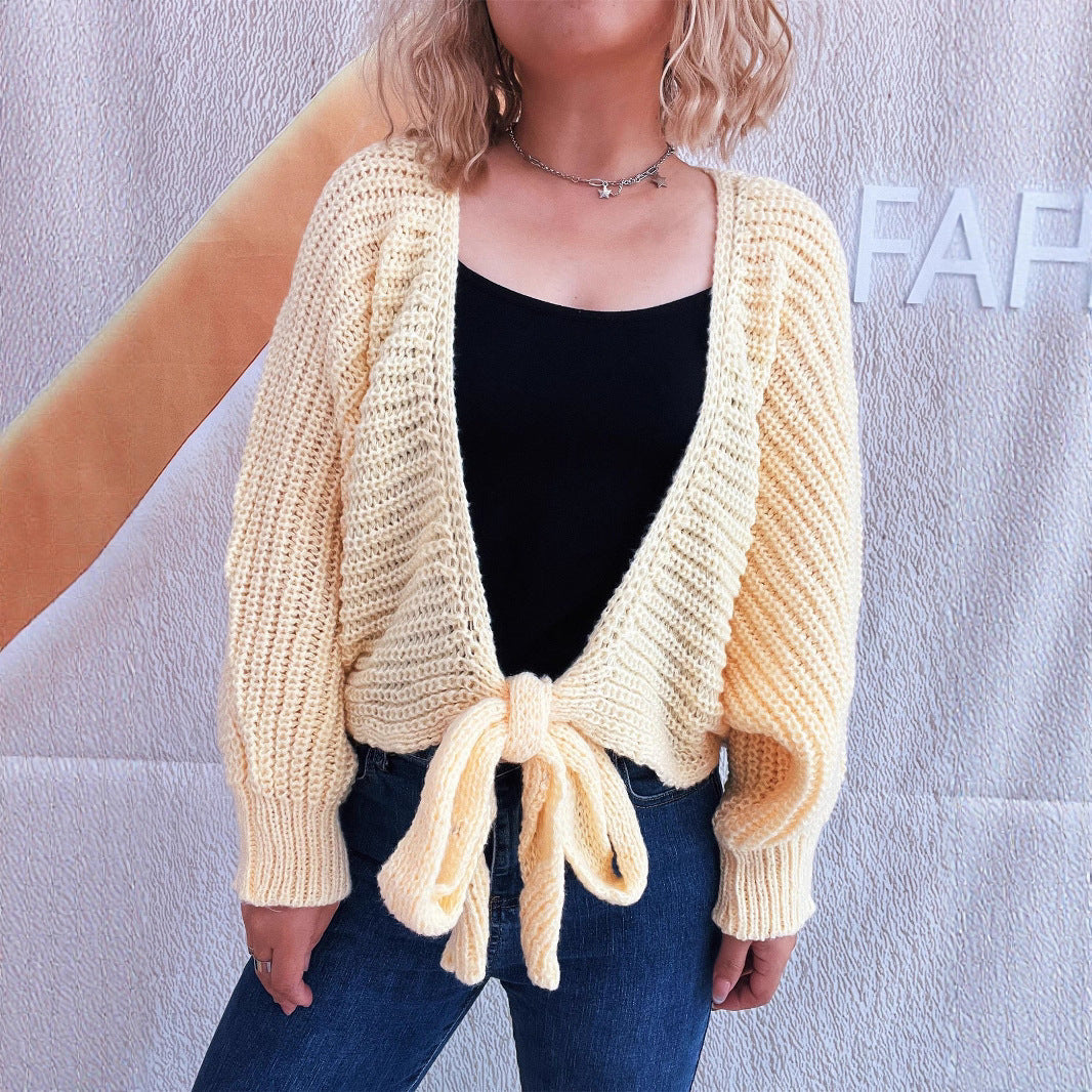 Damen Strickjacke mit verspieltem Bindegürtel und voluminösen Ärmeln R&B