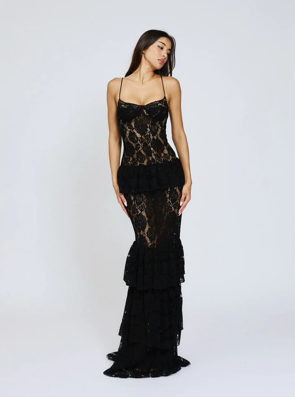 Damen Spitzen-Ballkleid mit Rüschendetails und figurbetontem Schnitt R&B