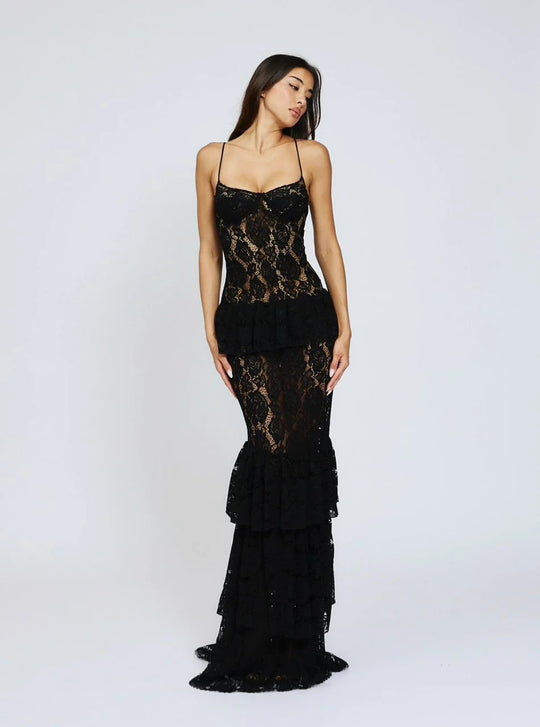 Damen Spitzen-Ballkleid mit Rüschendetails und figurbetontem Schnitt R&B
