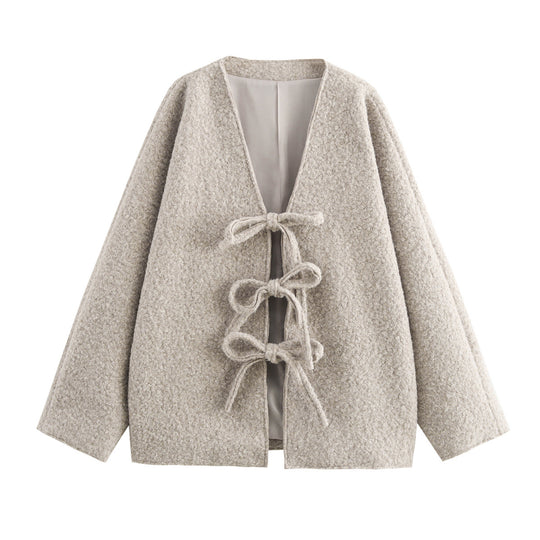 Damen Oversized Wolljacke mit dekorativen Schleifendetails R&B