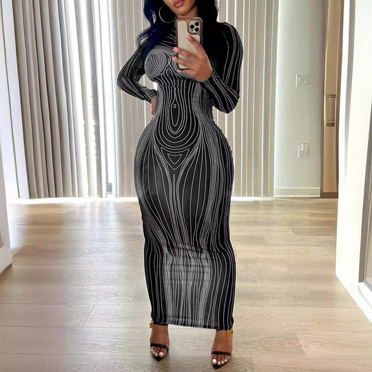 Damen Langarm Maxikleid mit grafischem Linienmuster und figurbetonendem Schnitt R&B