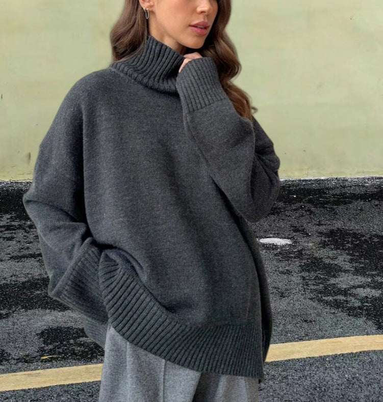Damen Strickpullover mit hohem Kragen und weitem Schnitt R&B