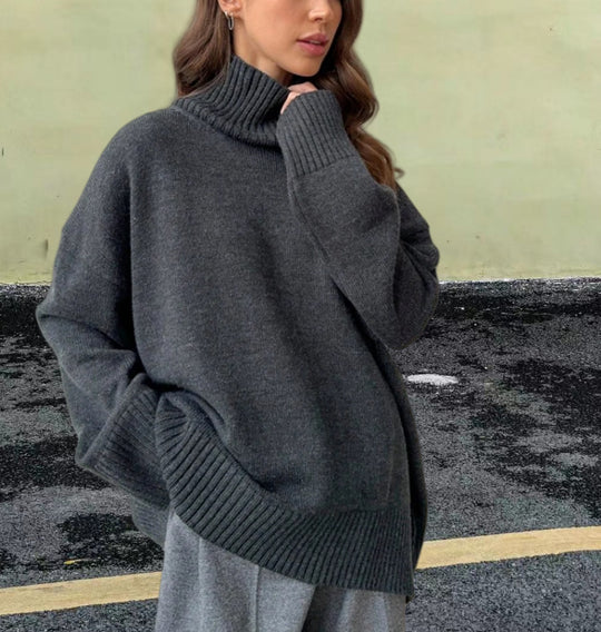 Damen Strickpullover mit hohem Kragen und weitem Schnitt R&B
