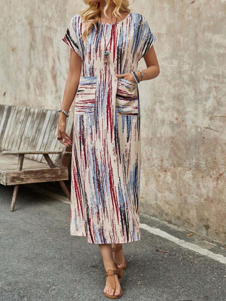 Damen Maxikleid mit praktischen Taschen und modischem Streifenmuster R&B