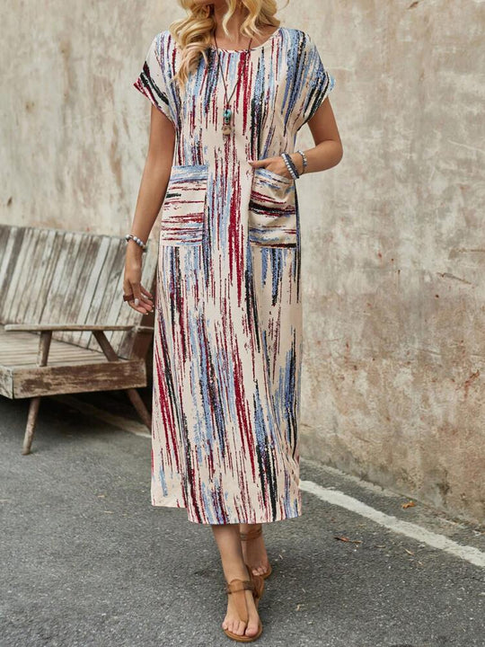 Damen Maxikleid mit praktischen Taschen und modischem Streifenmuster R&B