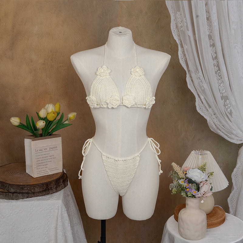 Damen Häkel-Bikini mit verspieltem Blumendesign und verstellbaren Bändern R&B