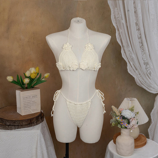 Damen Häkel-Bikini mit verspieltem Blumendesign und verstellbaren Bändern R&B
