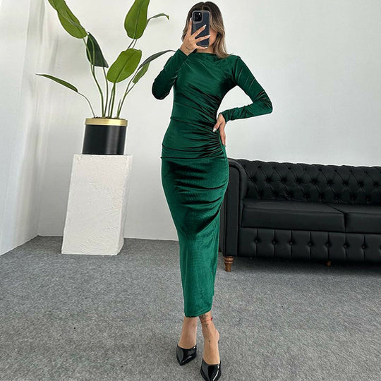 Damen Elegantes Langarmkleid mit körperbetonter Silhouette und gerafftem Design R&B