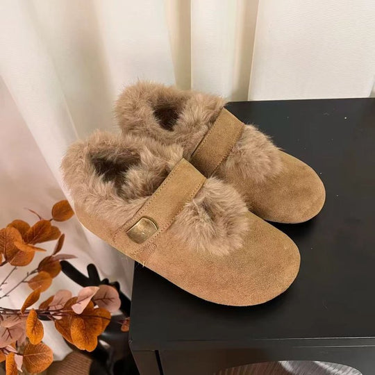 Damen Flauschige Filzhausschuhe mit hochwertigem Kunstfellkragen R&B