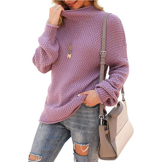Damen Grobstrickpullover mit hohem Kragen und bequemen Ärmeln R&B
