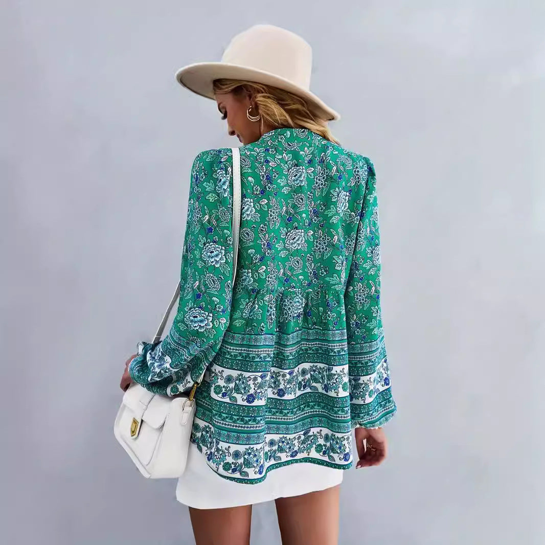 Damen Blusentop mit buntem Blumenmuster und Volantärmeln R&B