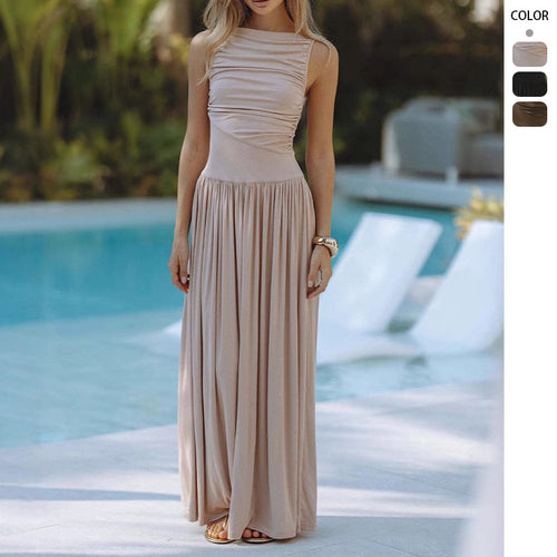 Damen Maxi-Kleid mit elegantem Faltenwurf und ärmellosem Design R&B