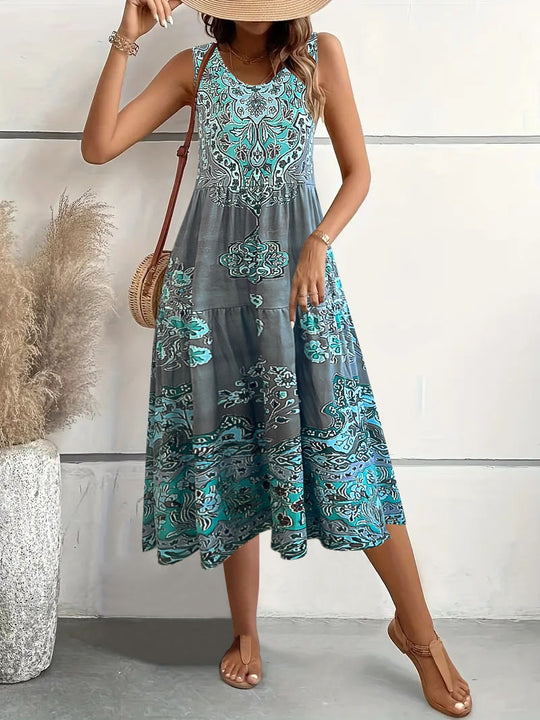 Damen Maxi-Kleid mit verspieltem Ethnomuster und schwingendem Schnitt R&B
