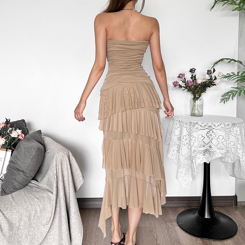 Damen Raffiniertes Maxi-Kleid mit schulterfreiem Design und voluminösem Rüschensaum R&B