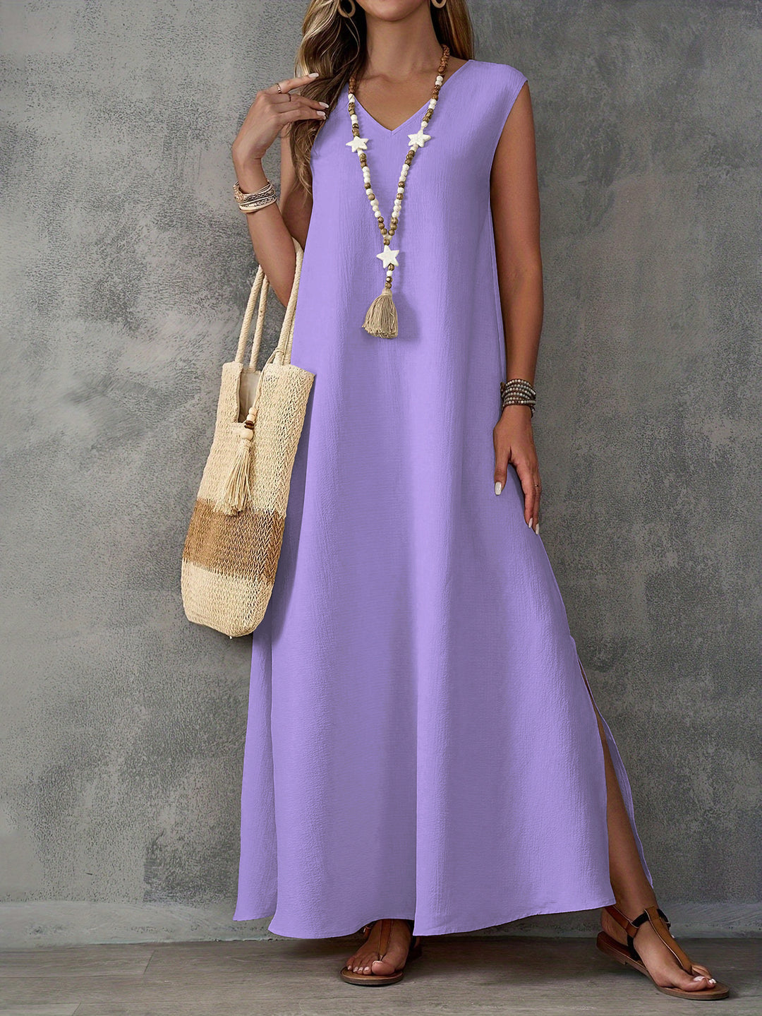 Damen Maxi-Strandkleid mit elegantem V-Ausschnitt und seitlichem Schlitz R&B