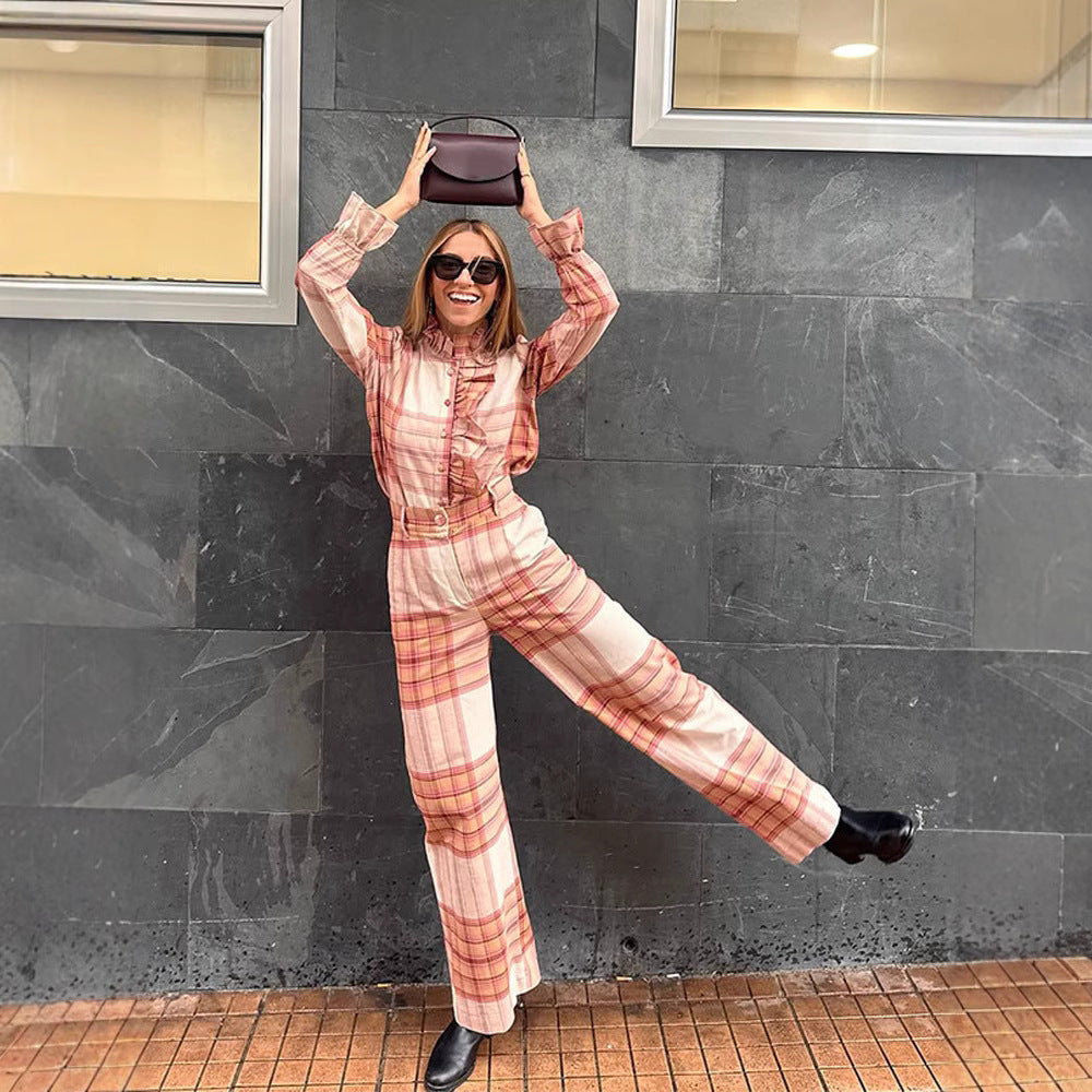 Damen Karomuster Jumpsuit mit Gürtel und Rüschen R&B