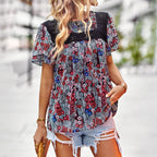 Damen Blumenmuster-Bluse mit Spitzenbesatz R&B