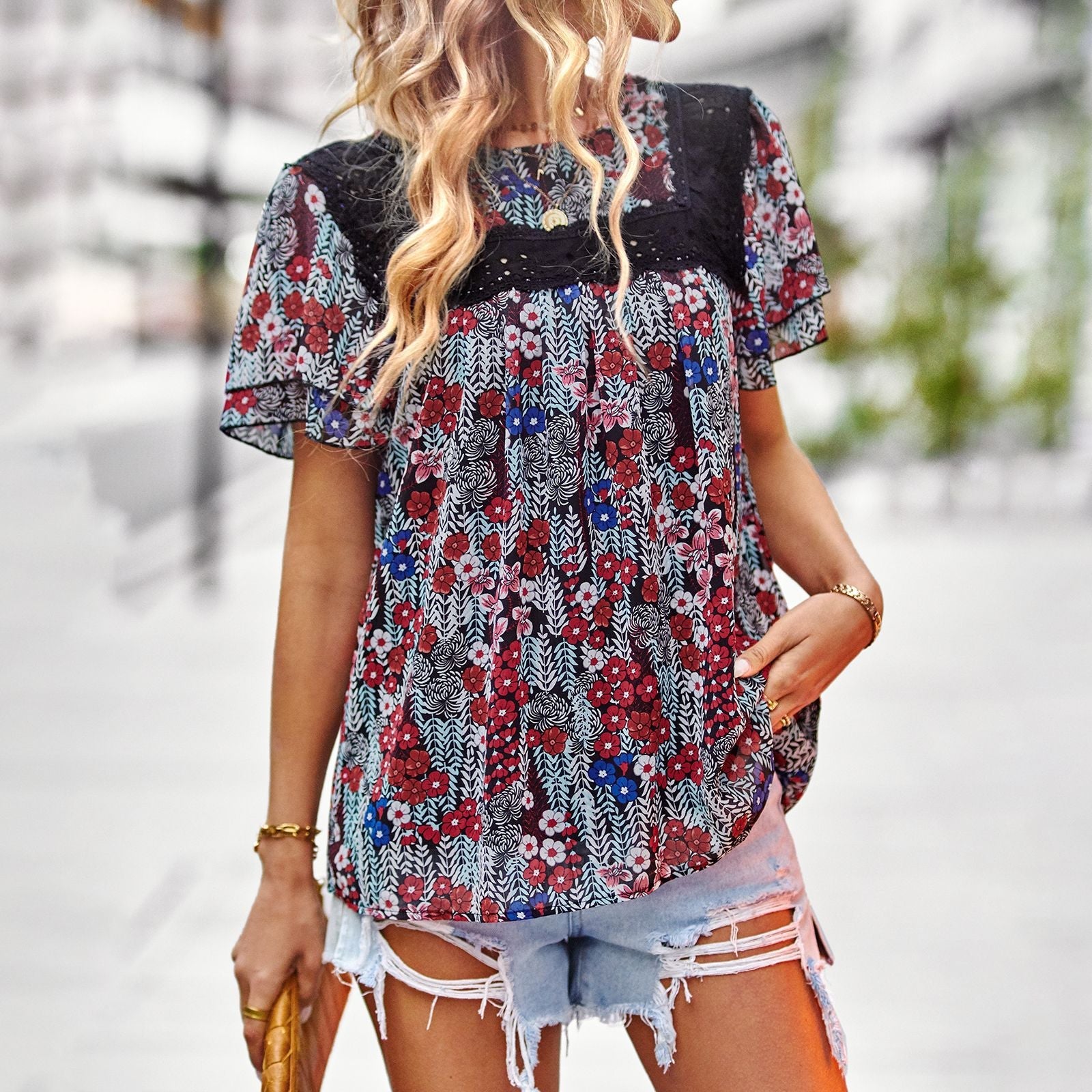 Damen Blumenmuster-Bluse mit Spitzenbesatz R&B
