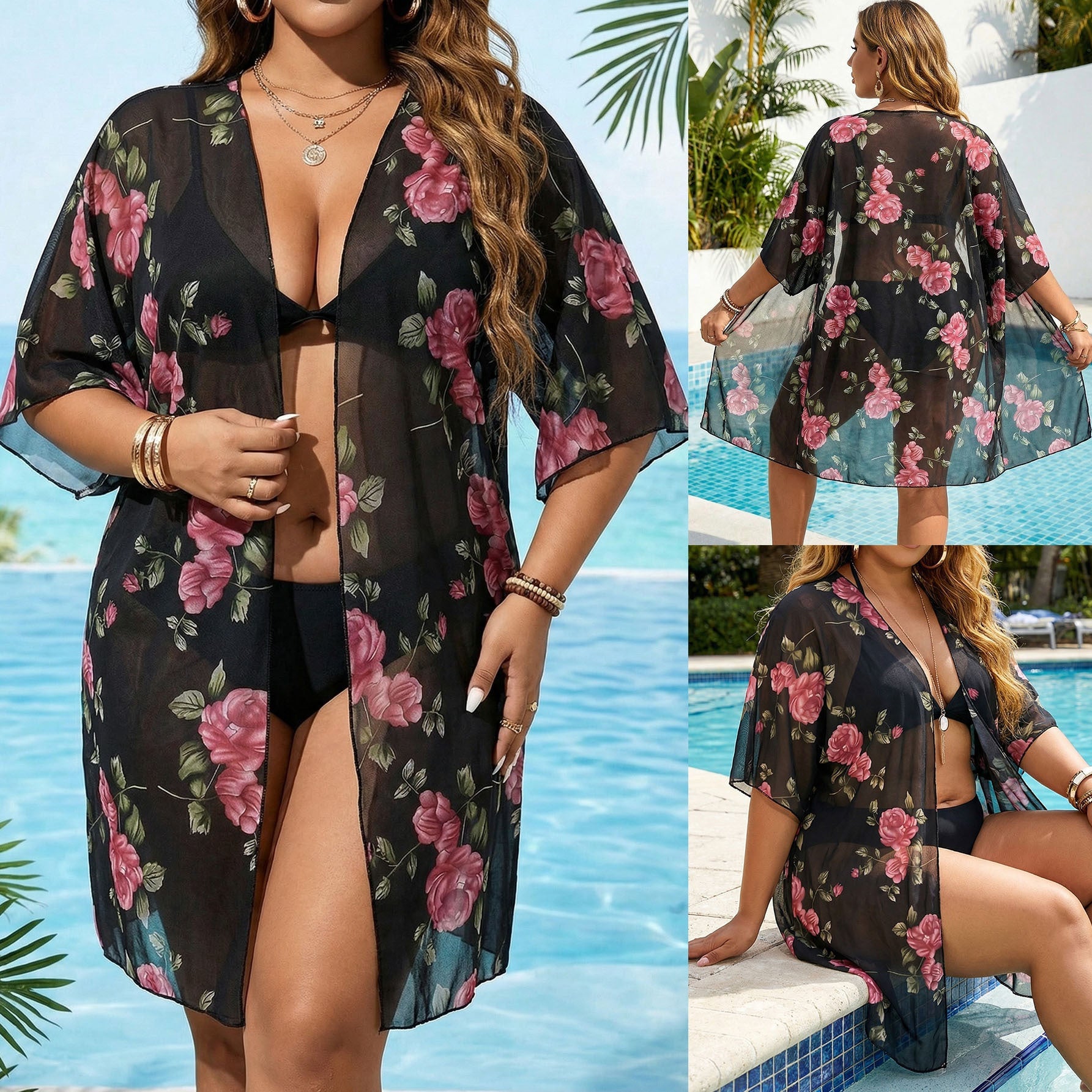 Damen transparenter Strandüberwurf mit floralen Mustern R&B