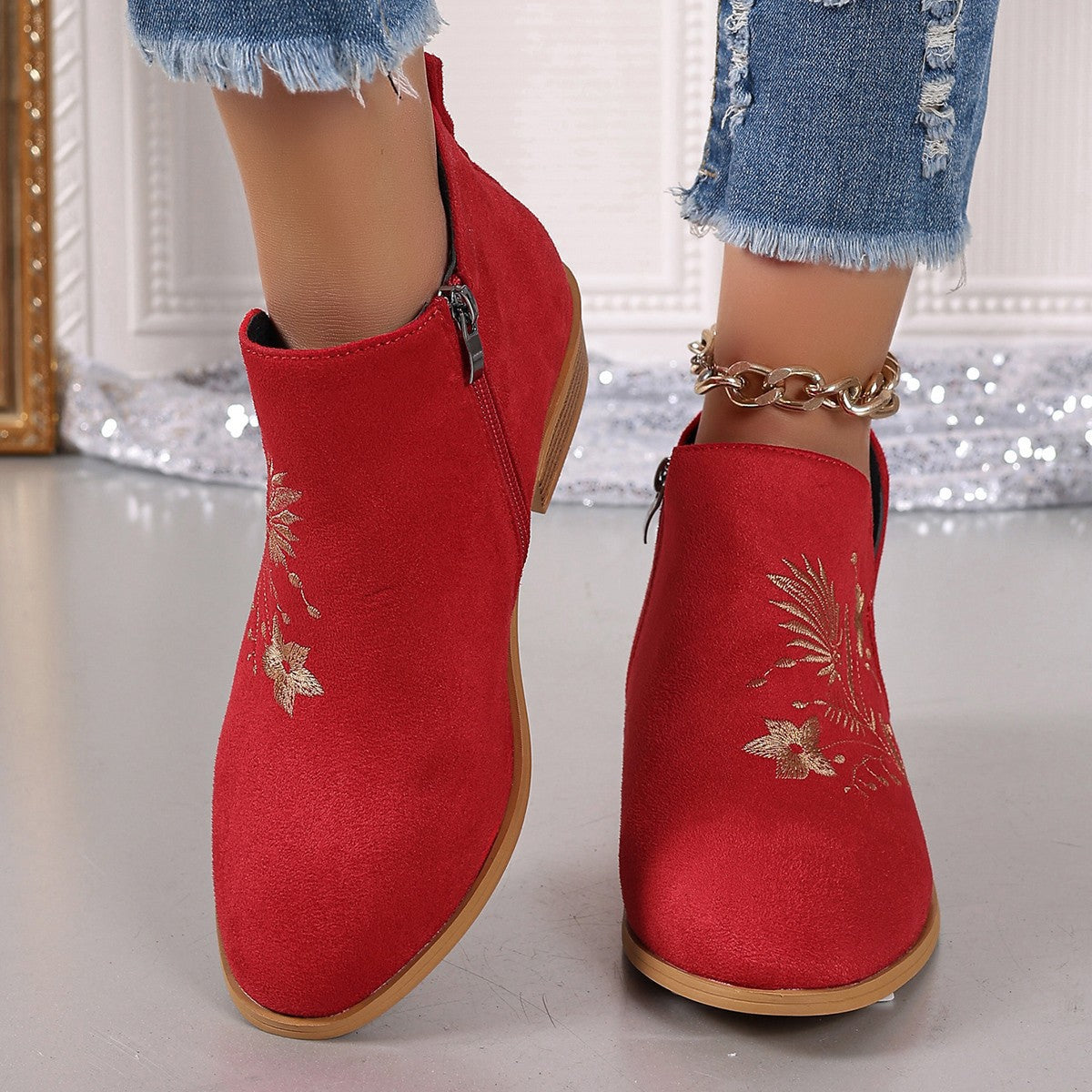 Damen Stiefeletten mit floralem Stickdesign und seitlichem Reißverschluss R&B