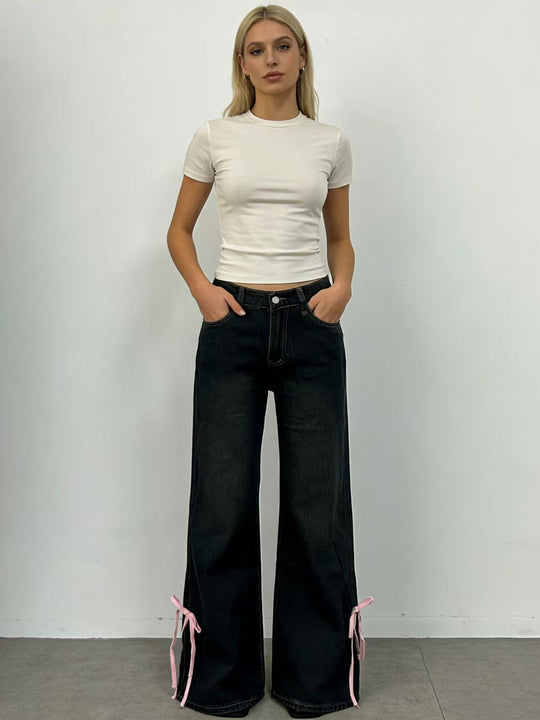 Damen Weite Jeans mit dekorativen Schnürdetails