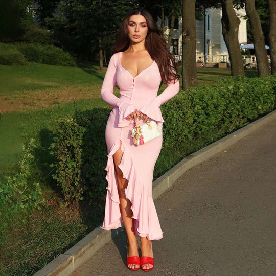 Damen Elegantes Maxikleid mit Rüschen und Knopfleiste R&B