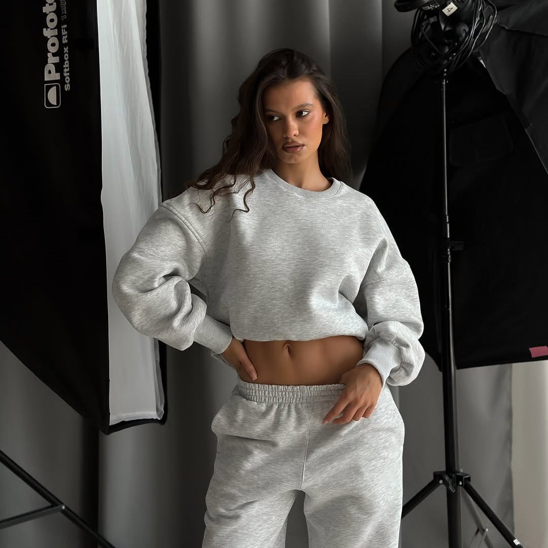 Damen lässiger Sport-Loungewear-Anzug mit crop Schnitt und weitem Bein R&B