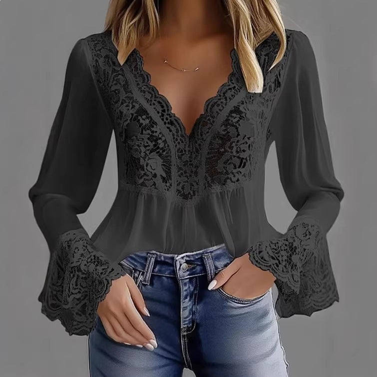 Damen elegante Bluse mit Spitzendetails und gerafftem Saum R&B