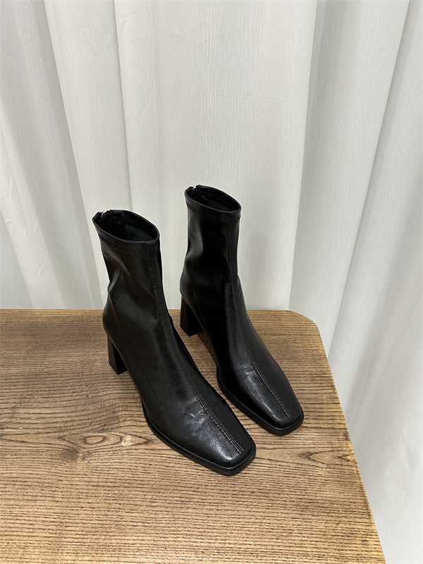 Damen Trendige Ankle Boots mit hohem Blockabsatz und edler Lederoberfläche R&B