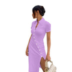 Damen Midi-Kleid mit Knopfdetail und seitlichem Schlitz R&B