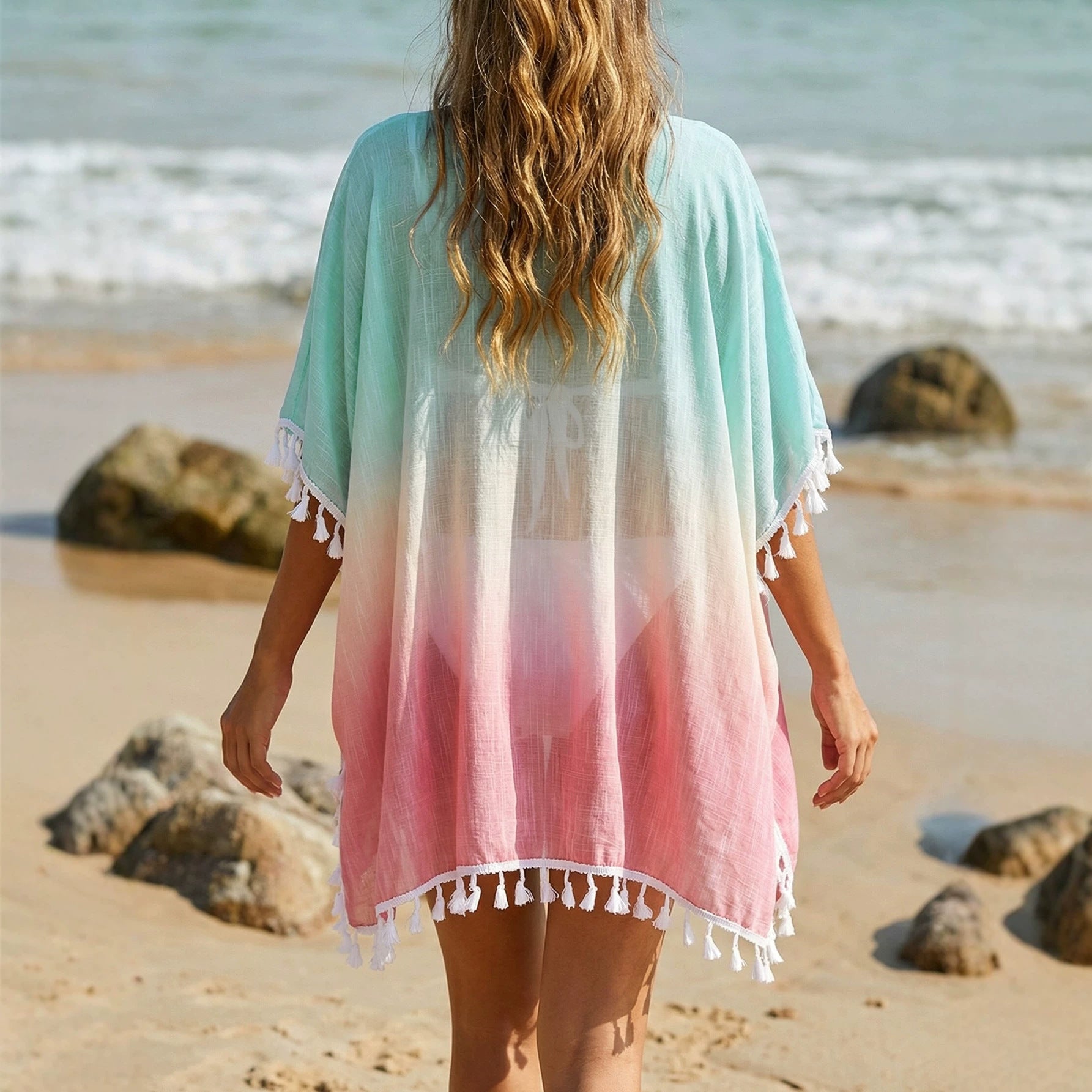 Damen lässiger Strandponcho mit fransigen Akzenten R&B