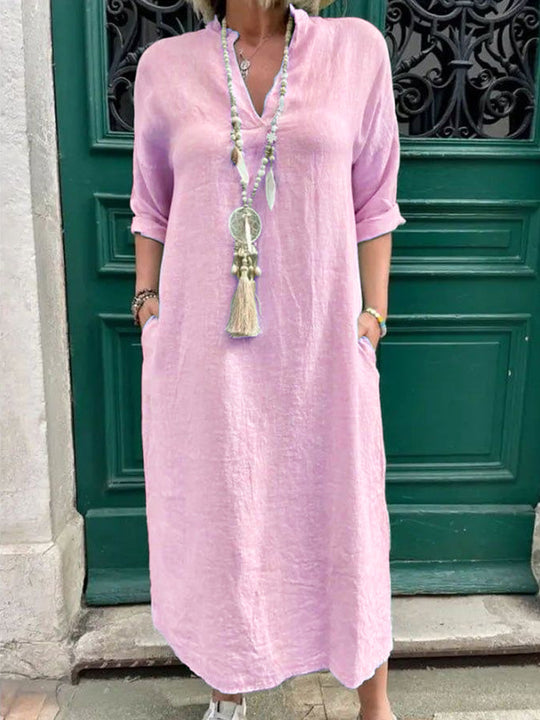 Damen Lässiges Kaftan-Kleid mit seitlichen Taschen und modischem V-Ausschnitt R&B