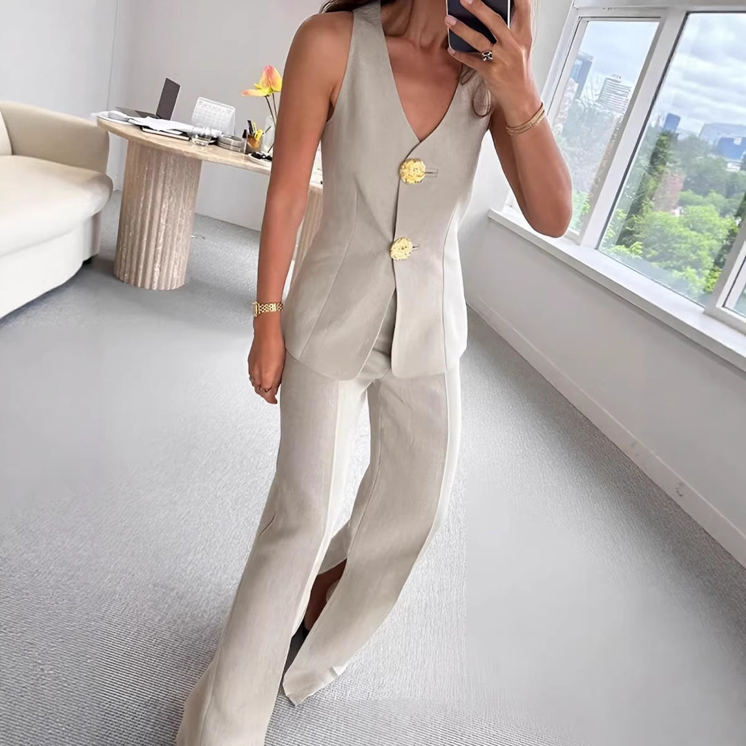 Damen elegantes Jumpsuit mit vordere Knopfleiste und weitem Bein R&B