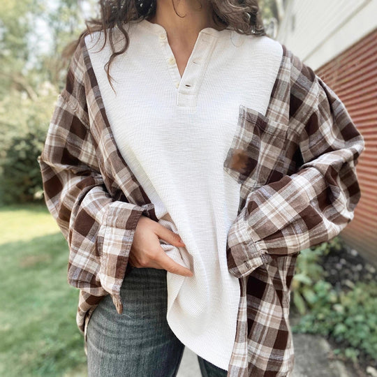 Damen nan karierter Flanell-Overshirt mit aufgesetzter Brusttasche, krempelbaren Ärmeln und legerer Oversize-Passform R&B