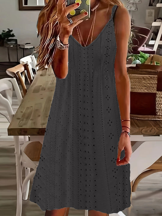 Damen Ärmelloses Sommerkleid mit dekorativem Lochmuster und V-Ausschnitt R&B