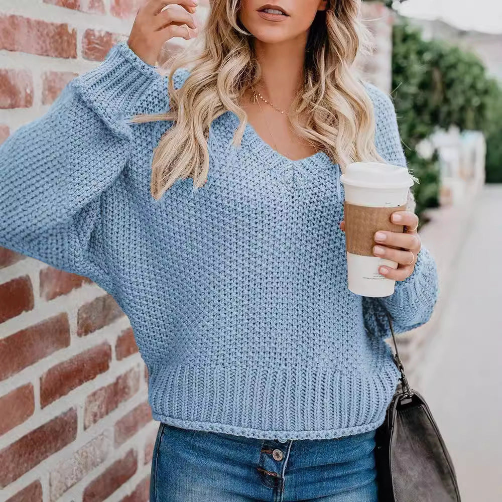 Damen lässiger V-Ausschnitt Pullover mit lockerem Schnitt und strukturiertem Strick R&B