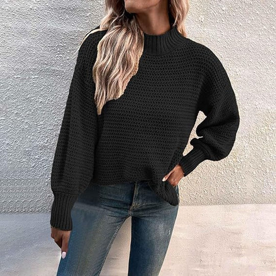 Damen Grobstrickpullover mit hohem Kragen und ballonförmigen Ärmeln R&B