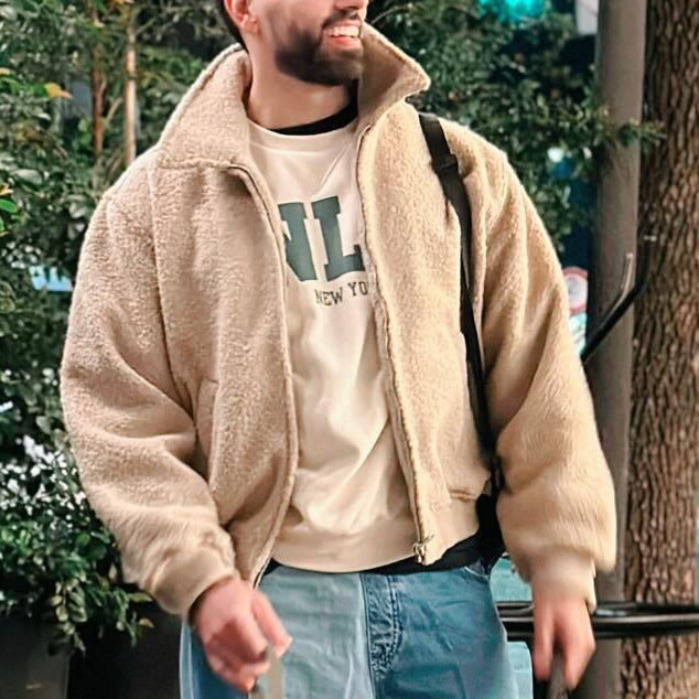 Herren kuschelige Fleecejacke mit hohem Kragen und seitlichen Taschen