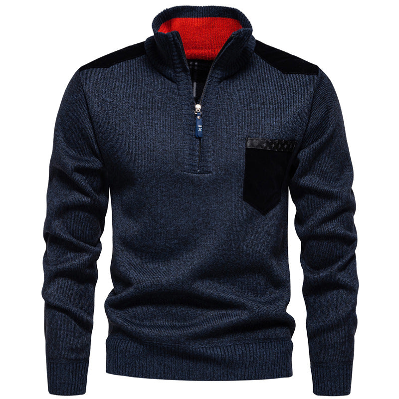 Herren Stehkragenpullover mit kontrastierenden Details und praktischen Taschen R&B