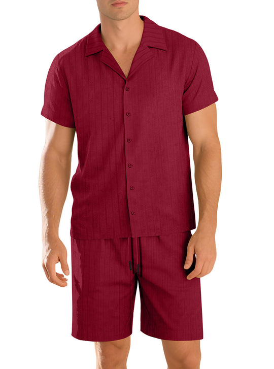 Herren nan Rippenstrick Lounge-Set mit Reverskragen Kurzarmhemd und Komfort-Bermuda R&B
