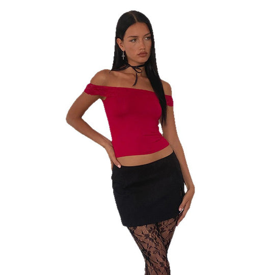 Damen Off-Shoulder Top mit Spitzenakzenten R&B