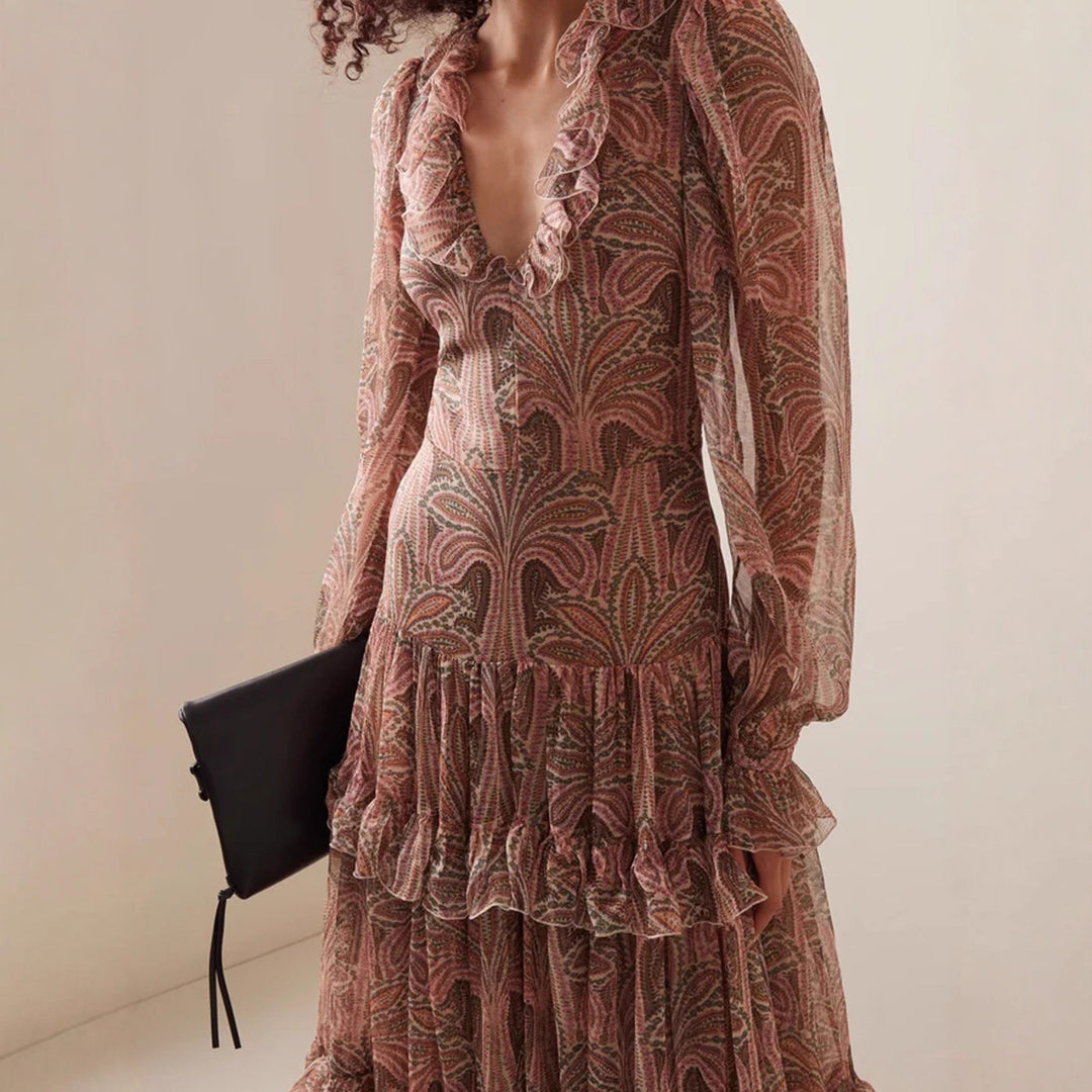 Damen Maxikleid mit rüschenverziertem Gewebe und elegantem V-Ausschnitt R&B