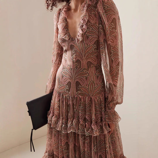 Damen Maxikleid mit rüschenverziertem Gewebe und elegantem V-Ausschnitt R&B