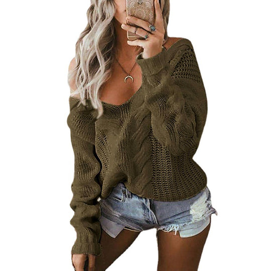Damen Grobstrickpullover mit offener Schulter und Details aus Lochmuster R&B