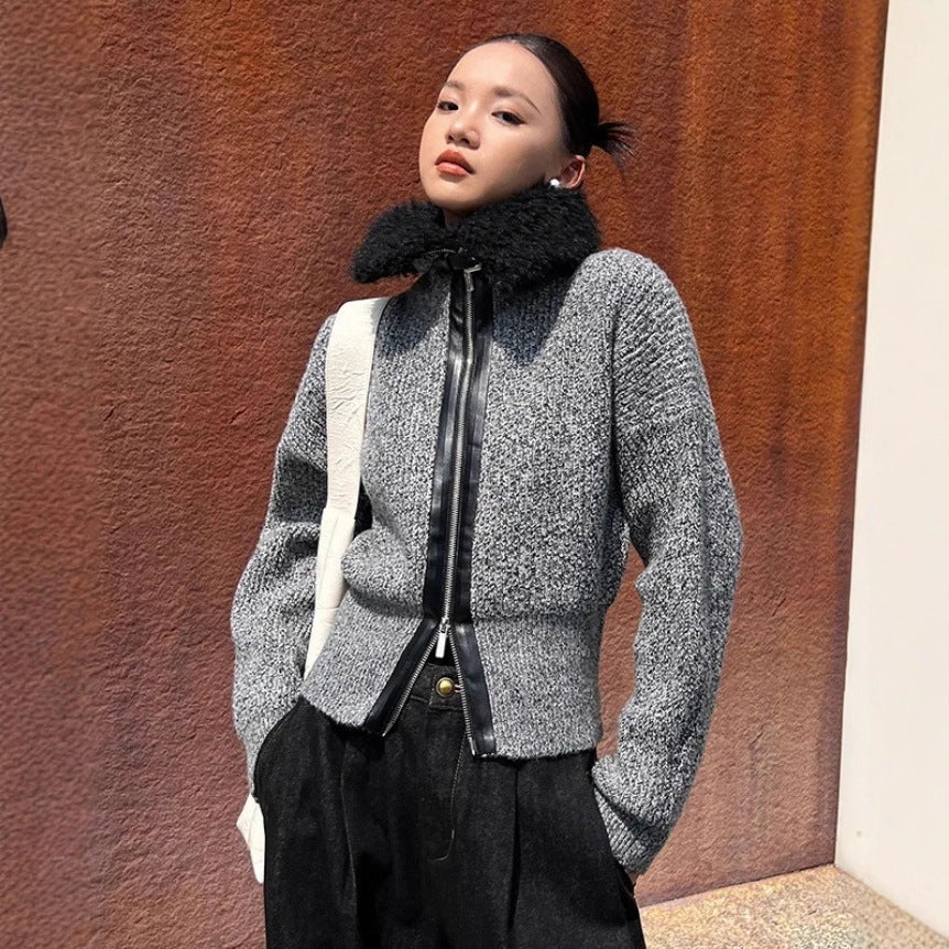 Damen Strickjacke mit kontrastierendem Kragen und seitlichem Reißverschluss R&B