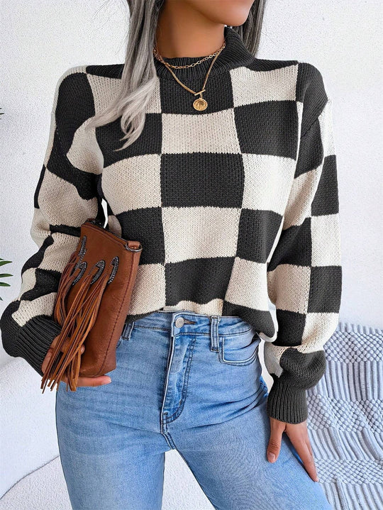 Damen modischer Pullover mit Karomuster und weitem Schnitt R&B