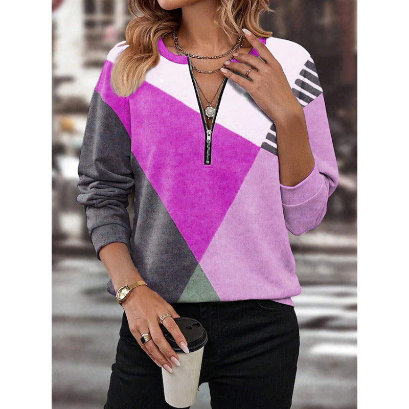 Damen Sportlicher Sweatshirt mit halbem Reißverschluss und trendigem Kontrast-Design R&B