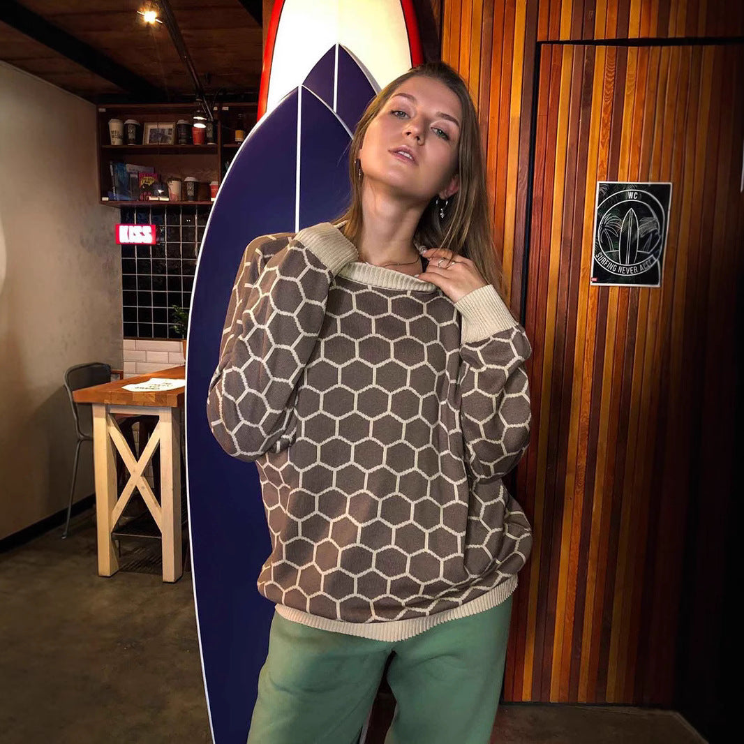 Damen Kreativer Strickpullover mit Wabenmuster R&B